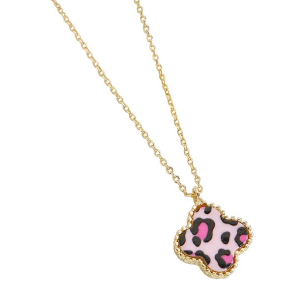 Pink Leopard Lana Necklace - gold base, quatrefoil shape - Picture 1 of 2